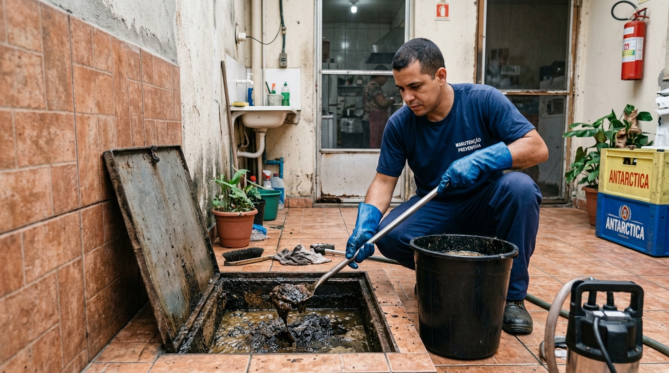 Equipe de limpeza de caixa de gordura no Curado, Jaboatão dos Guararapes‑PE