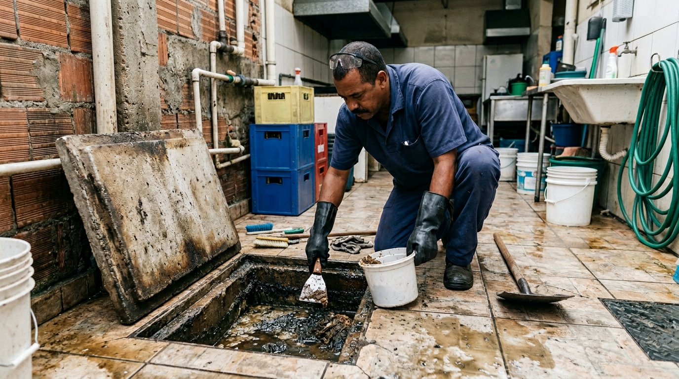 Limpeza de caixa de gordura residencial no Curado, Jaboatão dos Guararapes‑PE